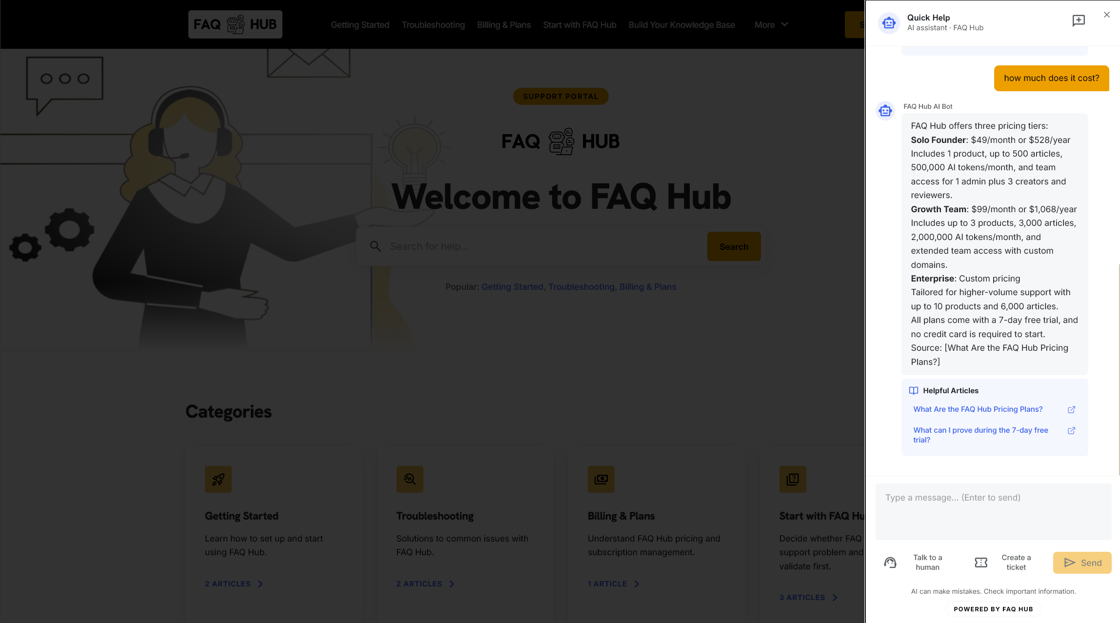 FAQ Hub portal with an embedded AI support conversation